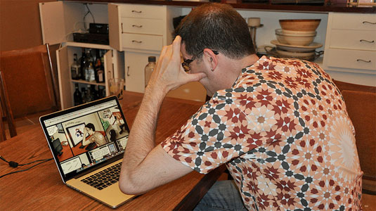 Computer Science Professor Dr. Craig Kaplan wearing a t-shirt inspired directly by his depiction in Inglis' award-winning poster. Kaplan had the shirt printed based on the same pattern he gave Inglis for the poster. CREDIT: Nathalie Nasr