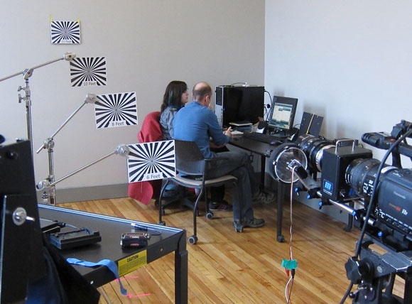 Sam Fisher and Research Assistant Marissa Ranali working on the GRAND VIRTPRES project in one of the newly renovated CineFlux research labs.  Photo by Krista Kirby.